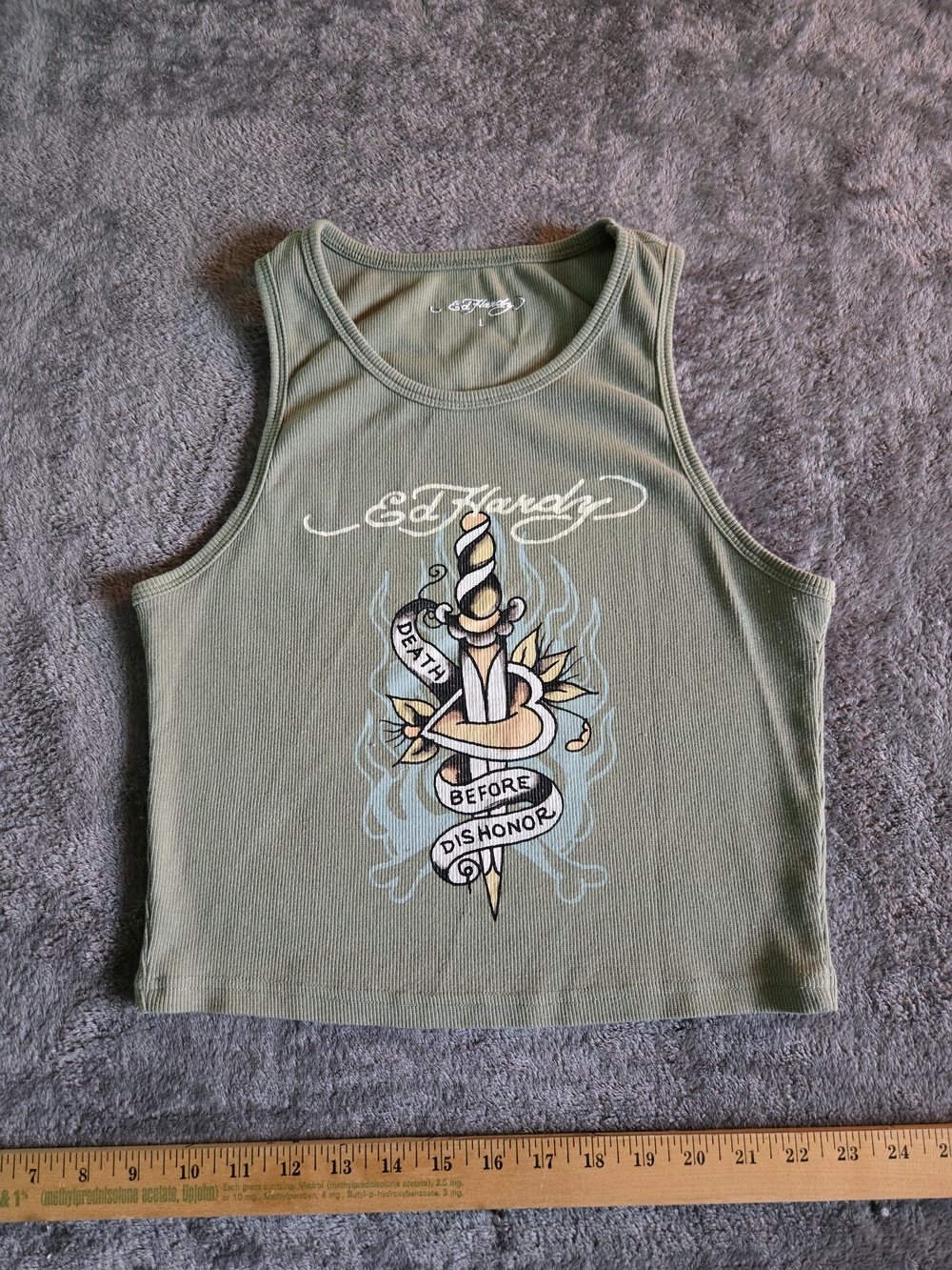 Ed Hardy Olive Ribbed Tank with Dagger Tattoo Graphic